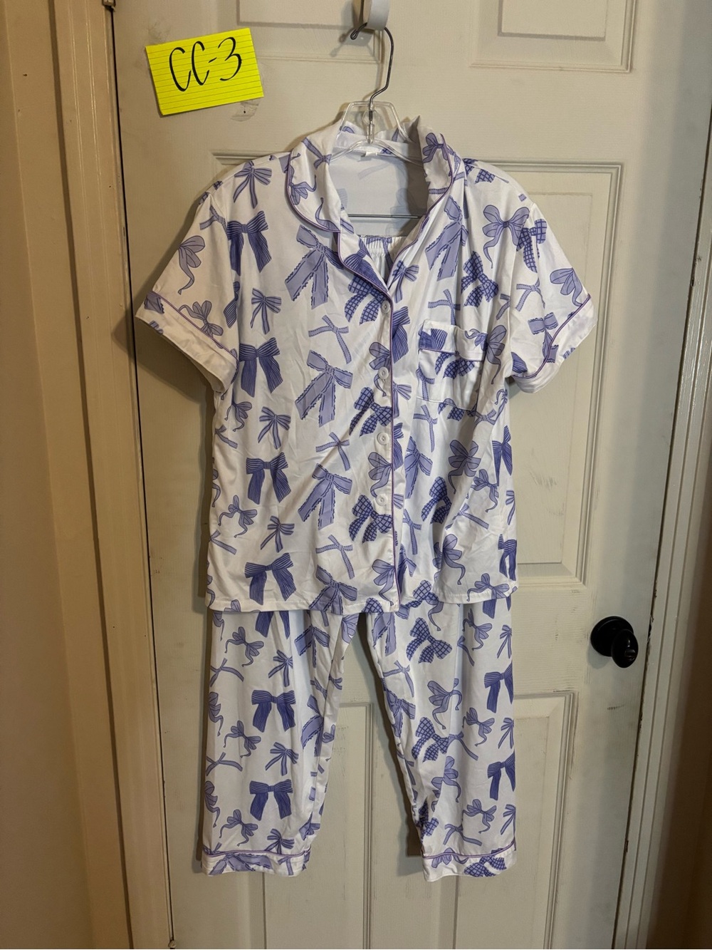 White Pajama Set with Lavender Bow Print